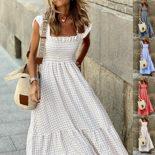 Summer Plaid Print Pleated Ruffle Dress INS Fashion Sleeveless A-line Swing Beach Dress Women's Garments Apparel / Clothing