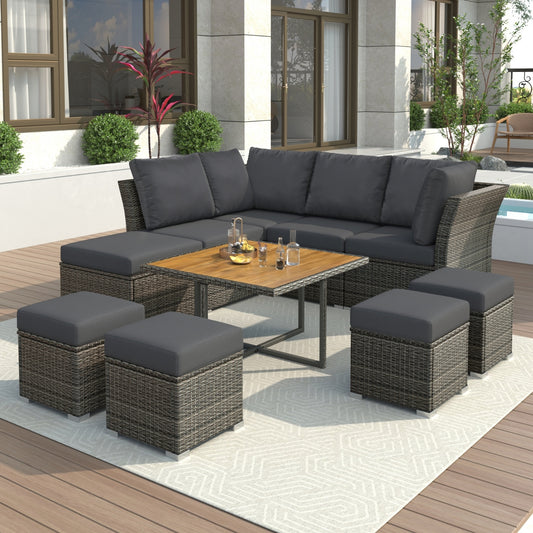 Ensemble de meubles de patio U STYLE, ensemble de conversation extérieur 10 pièces, table basse avec poufs, bois massif