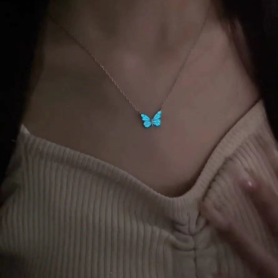 Fashion Blue Luminous Butterfly Necklace Bracelet Set For Glow In The Dark Women Clavicle Chain Choker Party Jewelry Set Gift