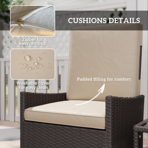 Outsunny 5 Piece Rattan Garden Furniture Set, Wicker Patio Sofa Set With 2 Armchairs, 2 Footstools, Glass Top Coffee Table With Shelf, Outdoor Furniture With Adjustable Backrests, Cushions, Khaki Outdoor Garden Patio Furniture