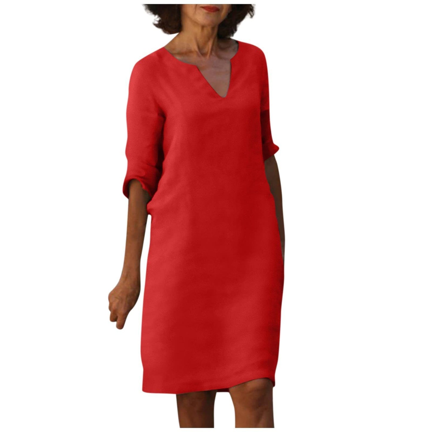 Cotton And Linen V-neck Dress Summer Stitching Retro High Waist Pure Color Dresses Women's Garments Apparel / Clothing