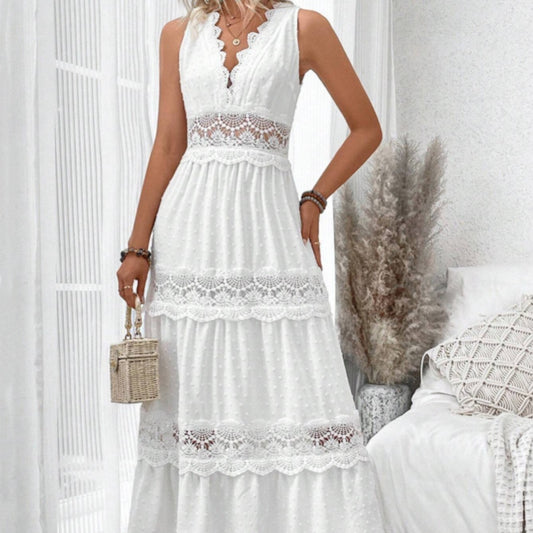 Women's Lace Stitching V-neck Sleeveless Dress Women's Garments Apparel / Clothing