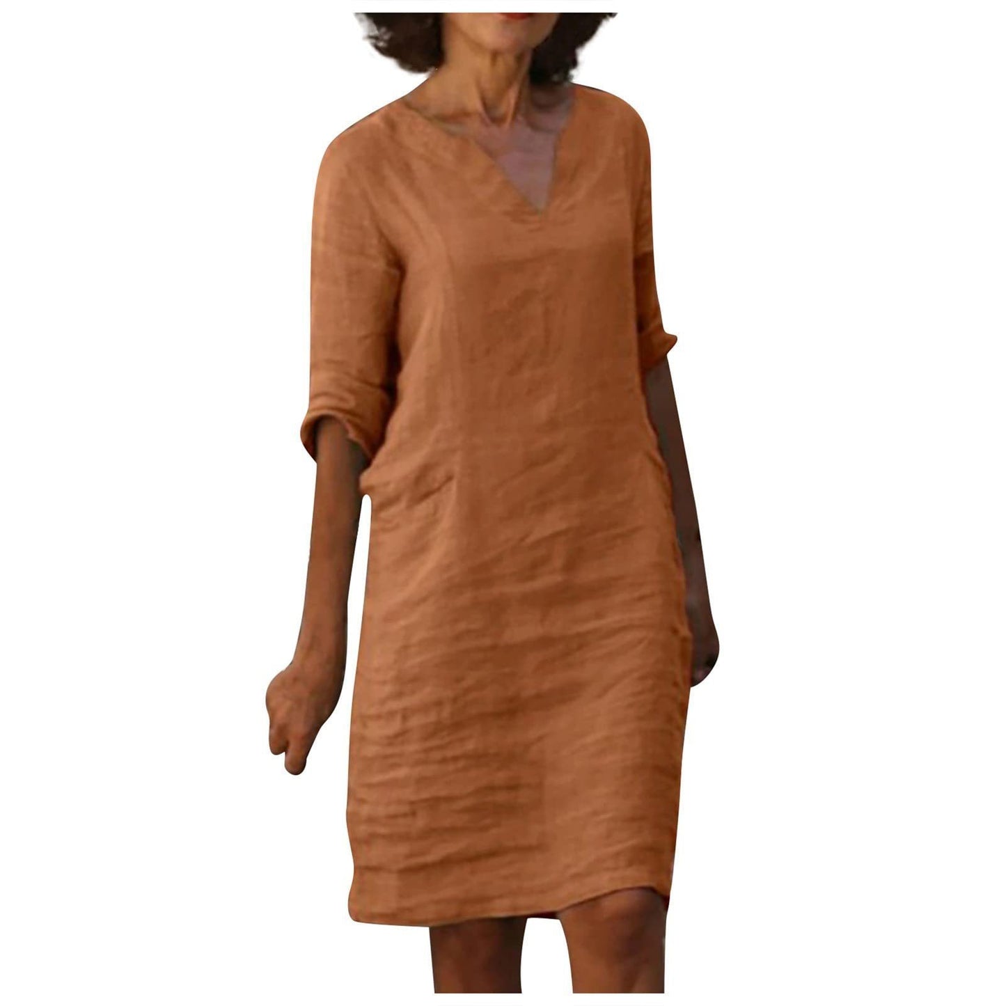 Cotton And Linen V-neck Dress Summer Stitching Retro High Waist Pure Color Dresses Women's Garments Apparel / Clothing