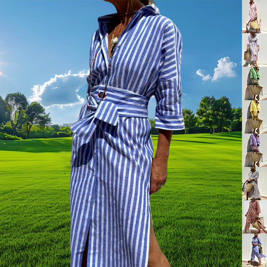 Striped Shirt Dress With Belt Fashion Half-sleeved Lapel Button Cardigan Dresses Women's Garments Apparel / Clothing