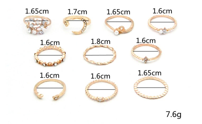 Bohemian Fashion Star Moon Love Pearl Leaf 10-Piece Ring