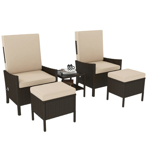 Outsunny 5 Piece Rattan Garden Furniture Set, Wicker Patio Sofa Set With 2 Armchairs, 2 Footstools, Glass Top Coffee Table With Shelf, Outdoor Furniture With Adjustable Backrests, Cushions, Khaki Outdoor Garden Patio Furniture
