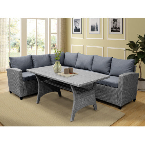 TOPAMX Patio Dining Table Set Outdoor Furniture PE Rattan Wicker Conversation Set All-Weather Sectional Sofa Set with Table & Soft Cushions (Grey) Furniture