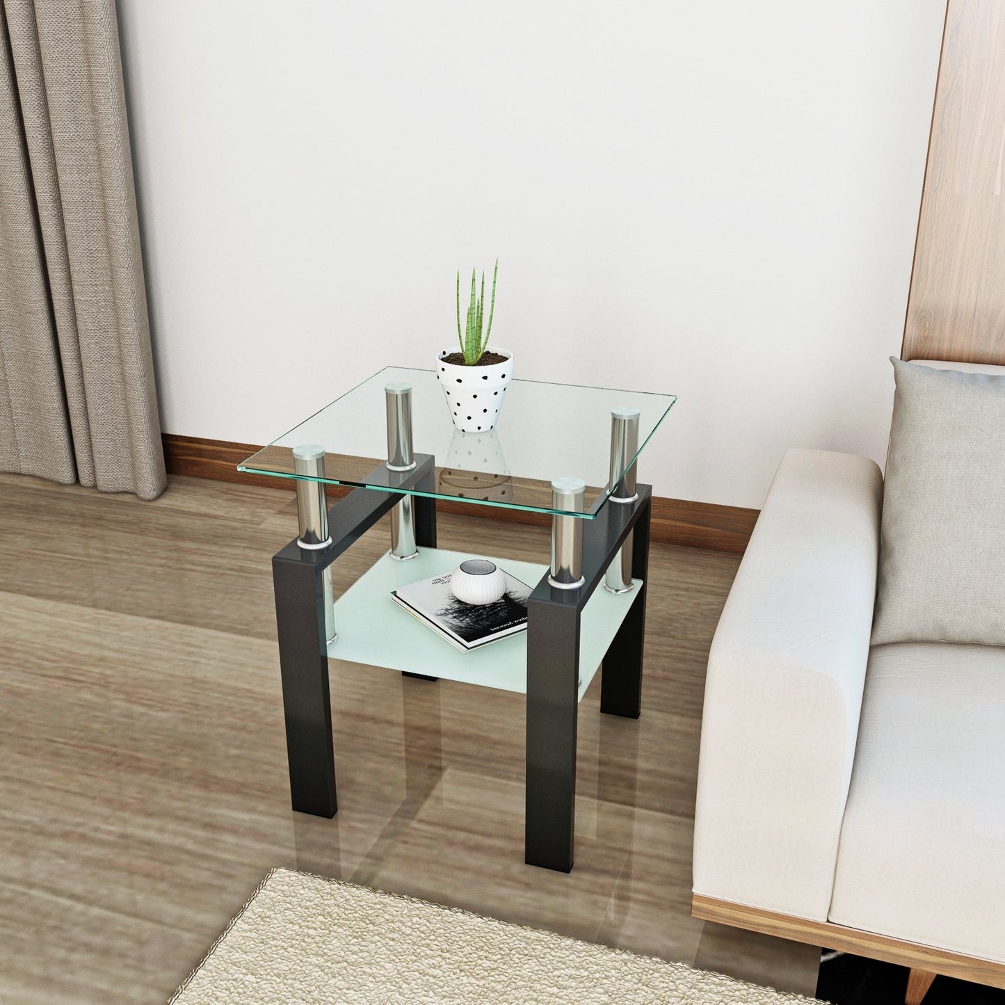 1-Piece Modern Tempered Glass Tea Coffee Table, Square For Living Room Furniture