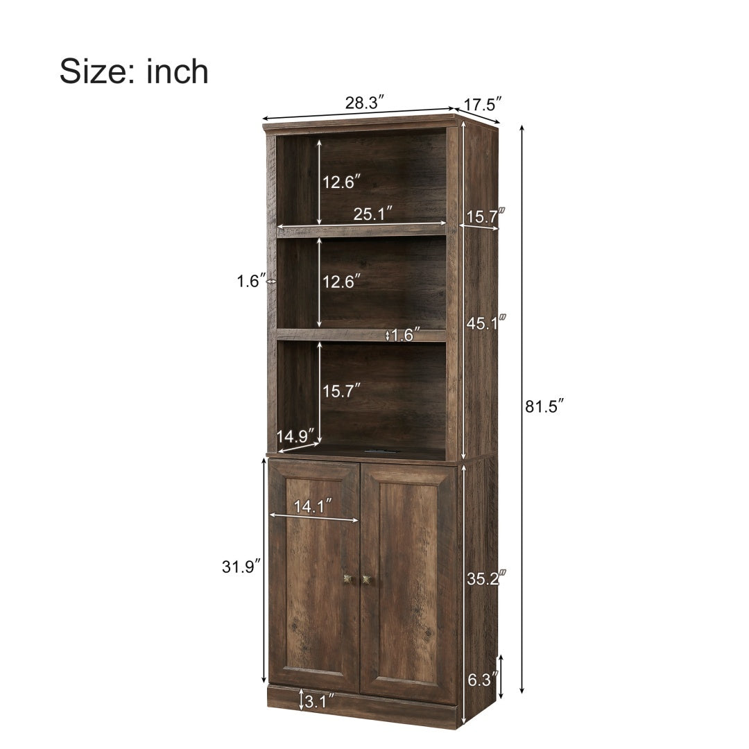 1 Doors Bookshelf With USB Port And 3 Open Shelves Bookcase Side Cabinet Storage Shelves, Rustic Brown Furniture