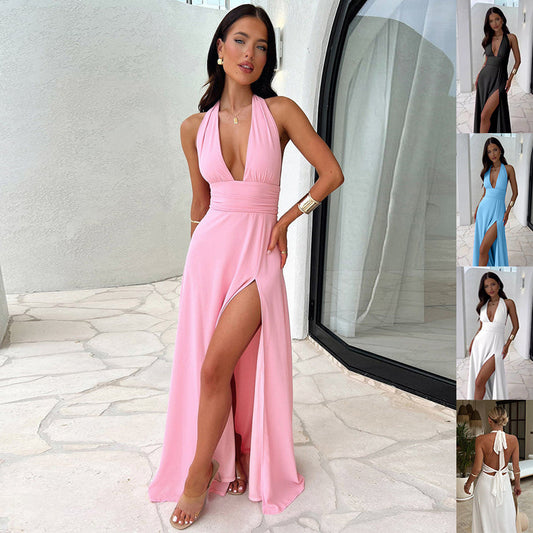Sexy Halterneck V-neck Slit Dress Summer Backless Strappy Skirt Fashion Temperament Women's Garments Apparel / Clothing