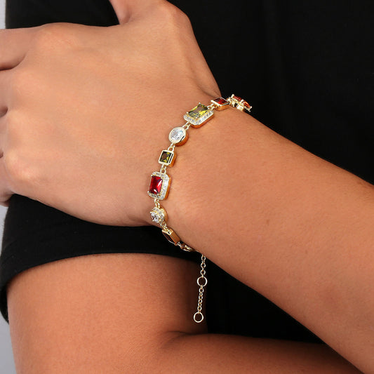 Vintage 18K Gold Plated Gemstone Hand Chain Multi Colored Gem Stone JEWELRY Cubic Zirconia Colorful CZ Bracelet For WOMEN MEN Jewelry/Accessories