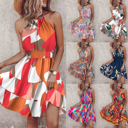 Summer European And American New Printed Halter Dress Women's Garments Apparel / Clothing