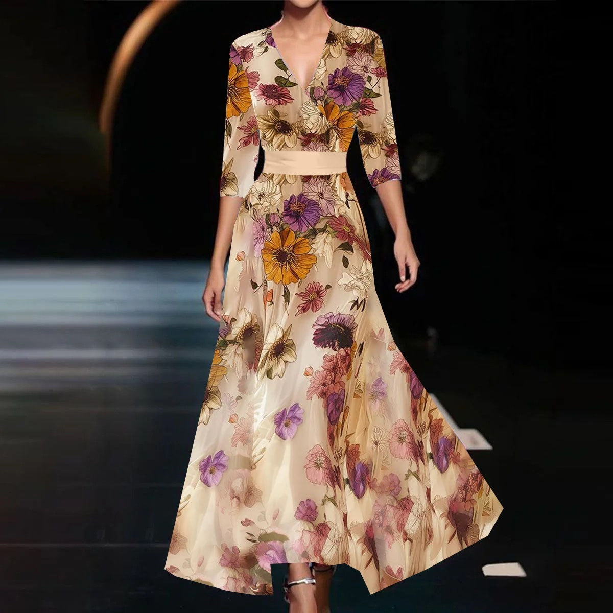 Summer V-neck Split Short-sleeved Dress Fashion Flower Print A-line Long Dresses Party Club Beach Clothing For Women's Garments Apparel / Clothing