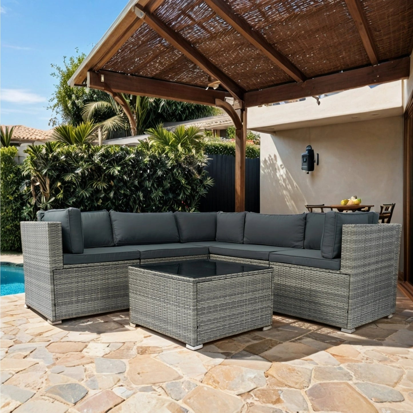6 Pieces PE Rattan Sectional Outdoor Furniture Cushioned Sofa Set Grey Wicker, Dark Grey Cushion