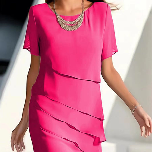 Women's Dress Chiffon Patchwork Round Neck Short Sleeve Women's Garments Apparel / Clothing