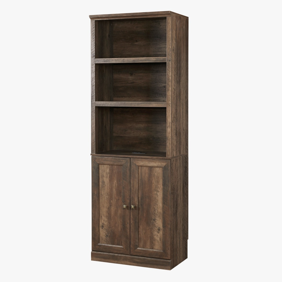 1 Doors Bookshelf With USB Port And 3 Open Shelves Bookcase Side Cabinet Storage Shelves, Rustic Brown Furniture