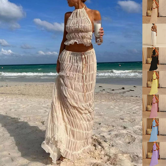 2pcs Women's Dress Suit Sexy Sleeveless Backless Cropped Halter Top And Pleated Long Skirt Beach Women's Garments Apparel / Clothing