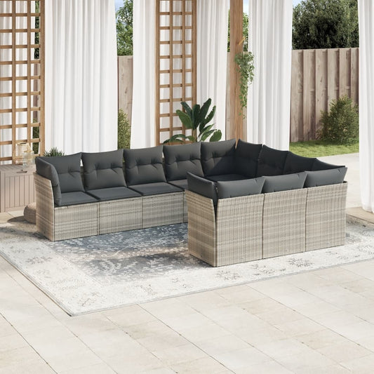 10-Piece Light Grey Polyrattan Outdoor Garden & Patio Furniture Sofa Set with Cushions – Weather-Resistant Garden Patio Furniture