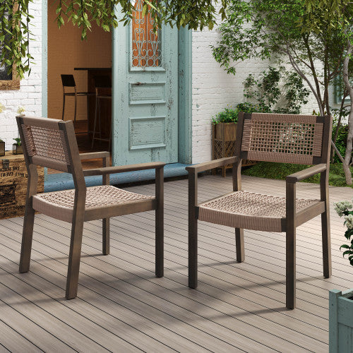 2-Pack Woven Dining Chairs with Acacia Wood Frame & Rope – Light Brown/Grey, 23.25"x24"x35" Outdoor Garden Patio Furniture