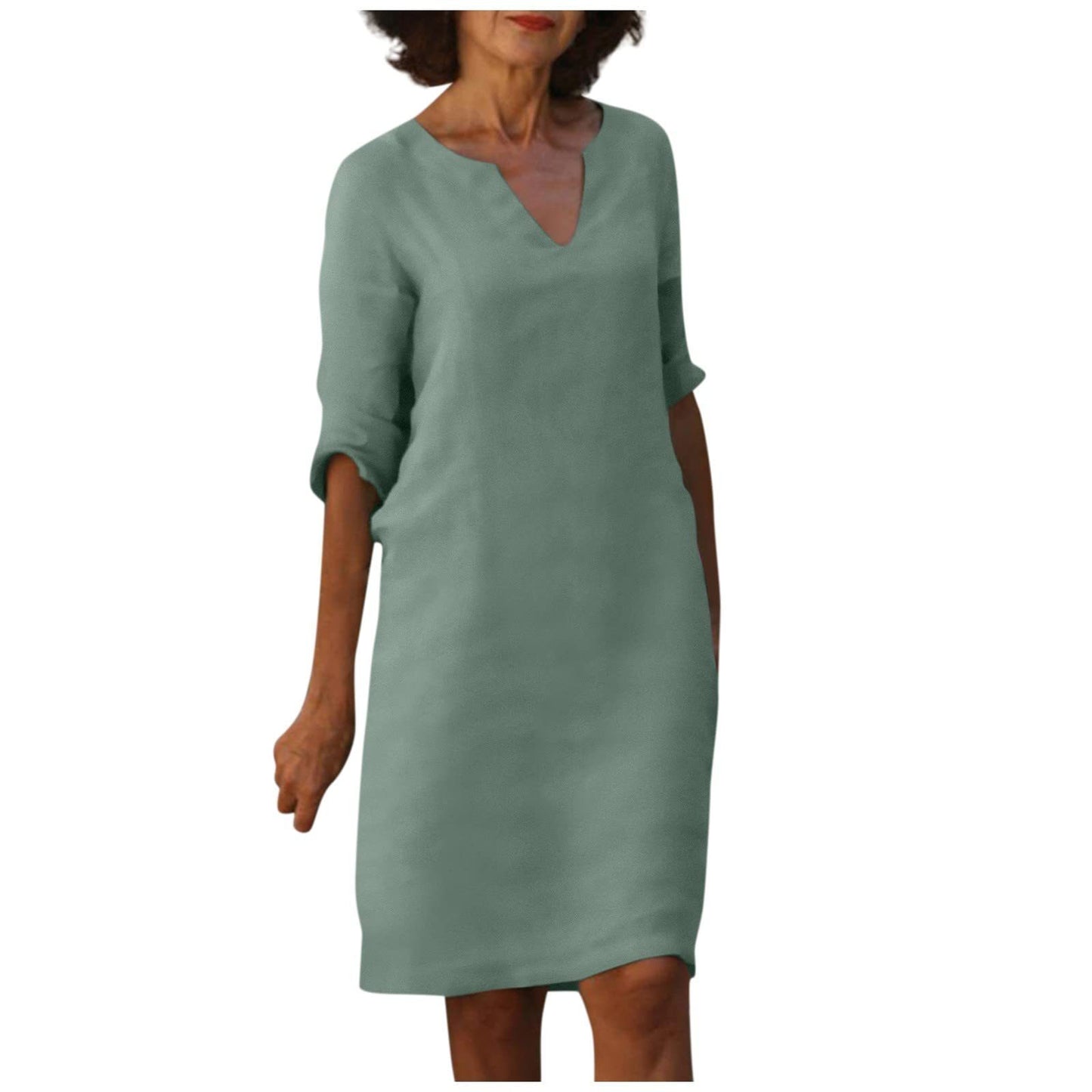Cotton And Linen V-neck Dress Summer Stitching Retro High Waist Pure Color Dresses Women's Garments Apparel / Clothing