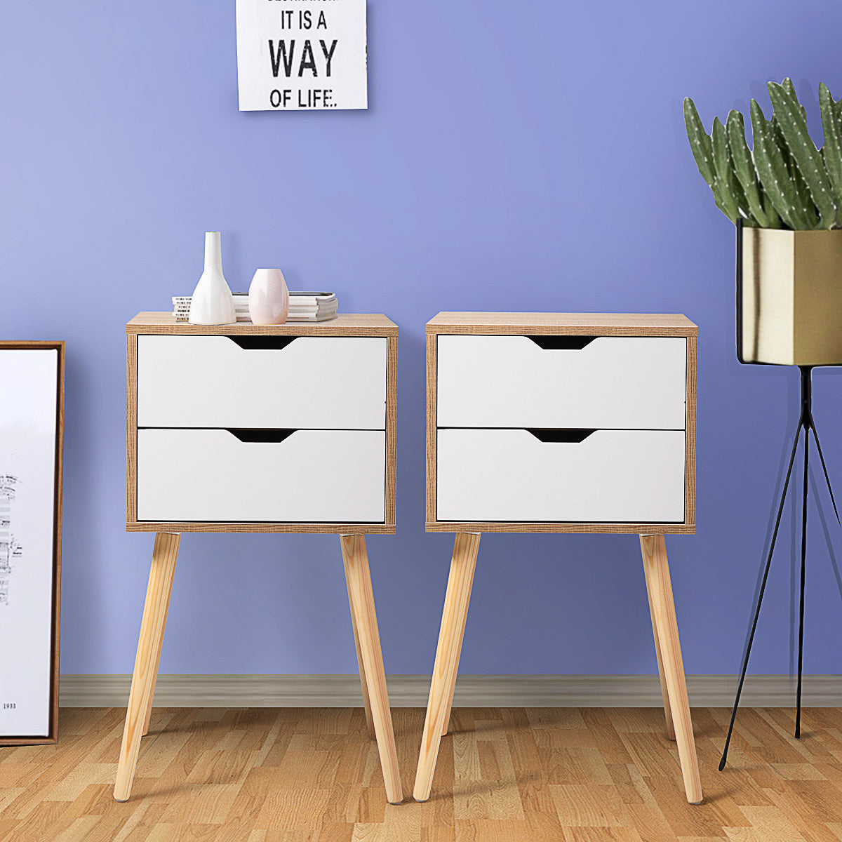 Set Of 2 Modern Nightstands With 2 Drawers & Splayed Legs - White Furniture