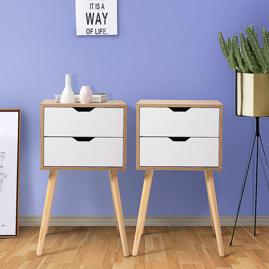 Set Of 2 Modern Nightstands With 2 Drawers & Splayed Legs - White Furniture