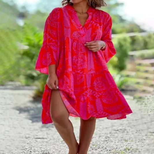 V-neck Flared Sleeve Cake Style Patchwork Dress Women's Garments Apparel / Clothing