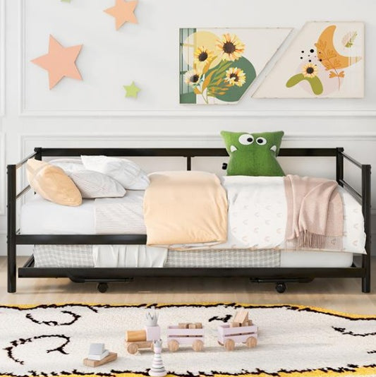 Double Metal Sofa Bed With Adjustable Wheels, Pop-up Wheels, Black Furniture