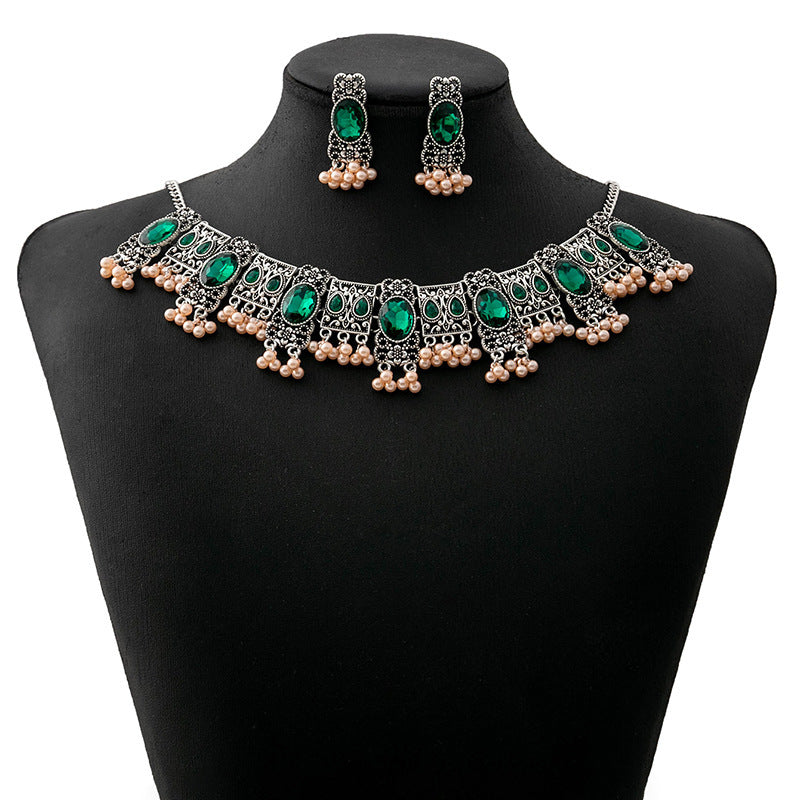 Vintage Emerald Earrings Ethnic Style Square Tassel Bead Pendant Jewelry Suit Jewelry/Accessories