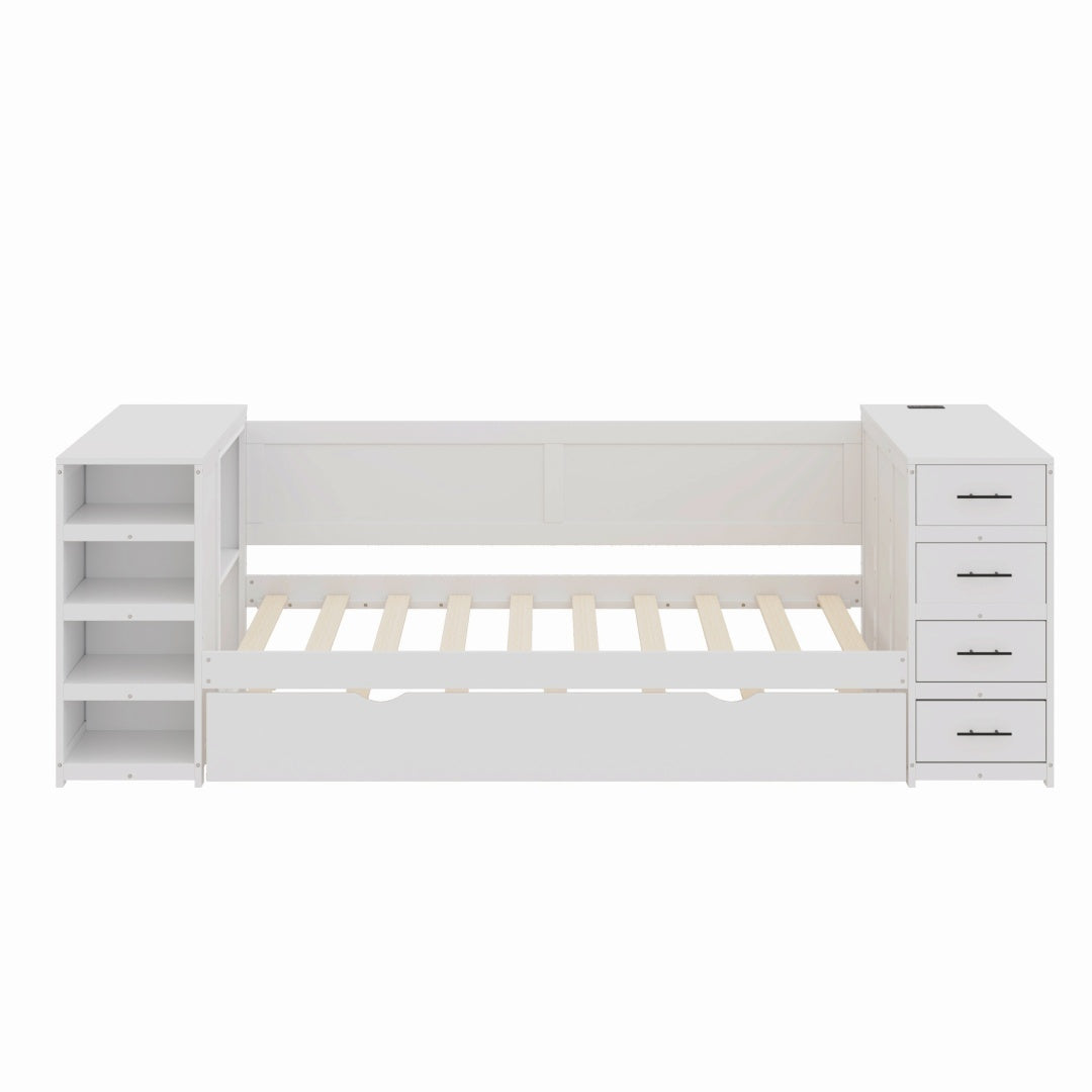 White Wooden Twin Size Daybed With Trundle And Side Shelves, Drawers, Storage Bed With Multi-Functional Desk And Charging Station For Bedroom, Guest Room Furniture