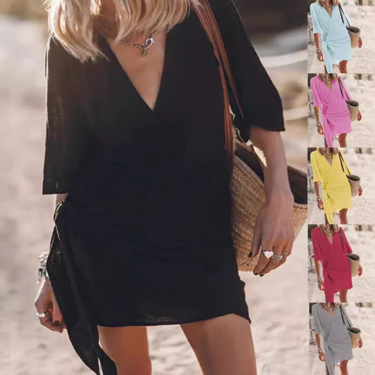 Cotton And Linen Cross V-neck Solid Color Dress Women's Garments Apparel / Clothing