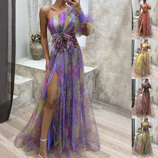 Mesh Tie-dye Printed Off-shoulder Slit Dress Summer INS Fashion Long Dress Party Women's Garments Apparel / Clothing