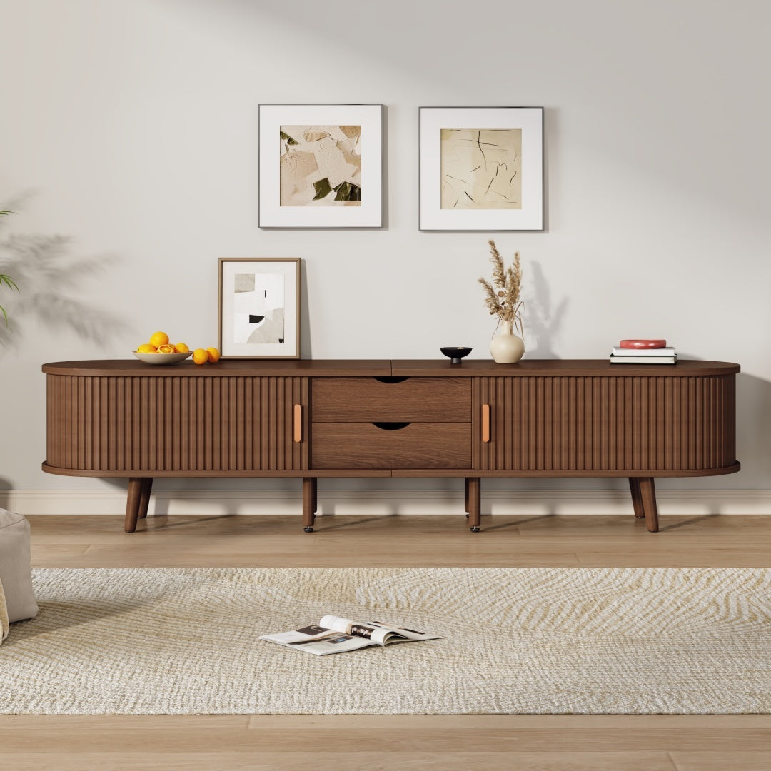 TV Stand With 2 Drawer 2 Sliding Doors 2  Tier Storage Shelf,Oval TV Cabinet Storage Sideboard With Rounded Corners For Livingroom Bedroom,175X40X42cm,Dark Oak,MDF,weight Capacity 30kg,for 70inch TV Furniture