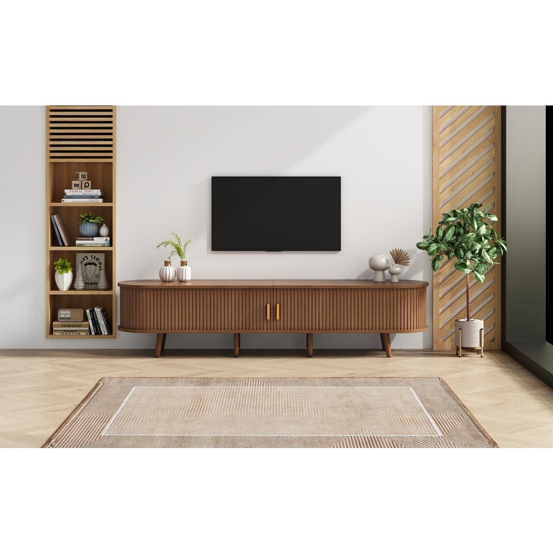TV Stand With 2 Drawer 2 Sliding Doors 2  Tier Storage Shelf,Oval TV Cabinet Storage Sideboard With Rounded Corners For Livingroom Bedroom,175X40X42cm,Dark Oak,MDF,weight Capacity 30kg,for 70inch TV Furniture