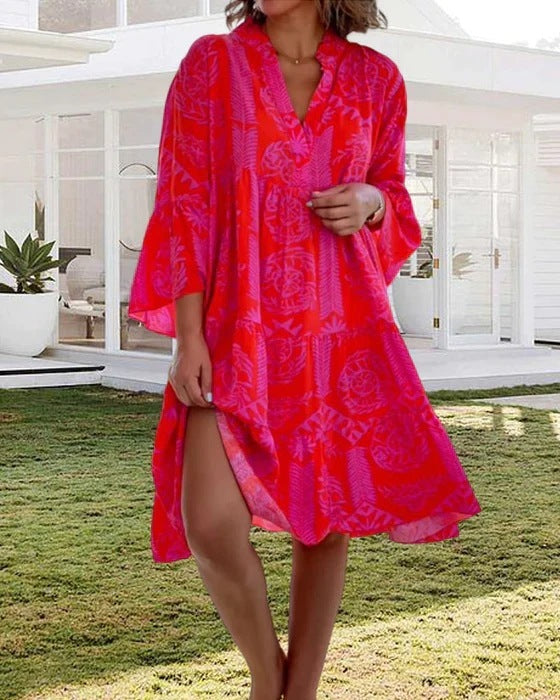 V-neck Flared Sleeve Cake Style Patchwork Dress Women's Garments Apparel / Clothing