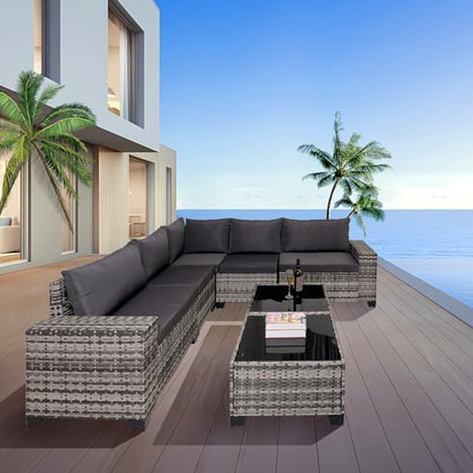 7-Piece Outdoor Patio Furniture Sets, All-Weather Wicker Rattan Sectional Sofa, Modern Two Glass Coffee Table And Washable Seat Cushion Outdoor Garden Patio Furniture