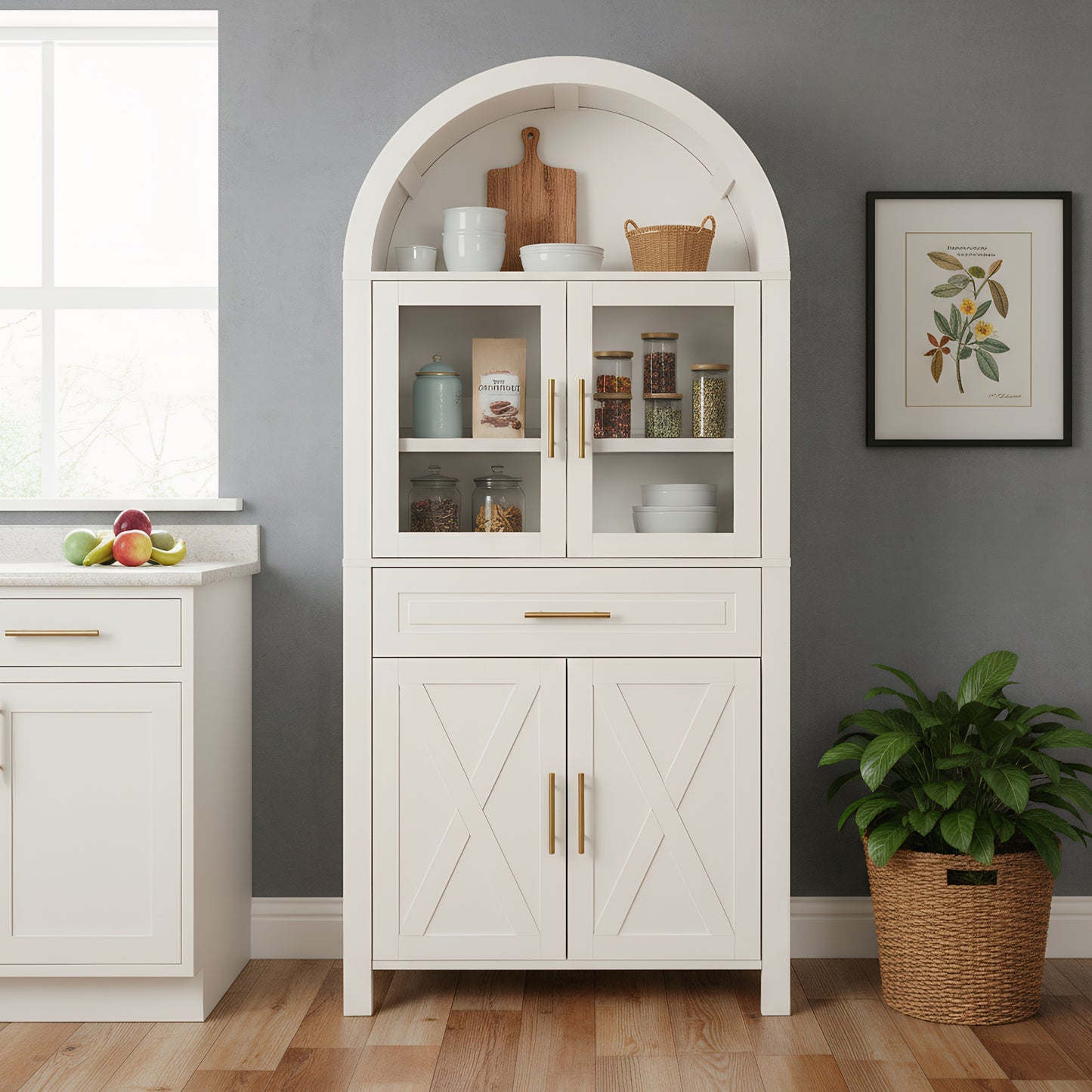 71  Tall Arched Kitchen Pantry Cabinet With Glass Door, Farmhouse Storage Pantry Cabinet With Adjustable Shelves & Barn Door Design For Kitchen, Living & Dining Room, White Furniture