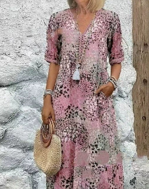 Summer V-neck Half-sleeved Dress With Pockets Fashion Ethnic Print Dresses Beach Holiday Women's Garments Apparel / Clothing