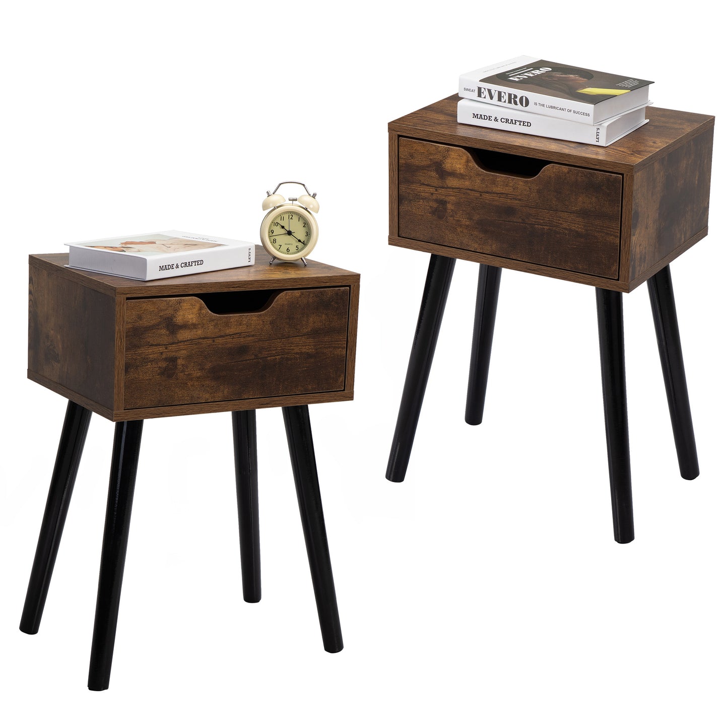Set Of 2 Mid Century Wood Side Tables W  Storage Drawer For Bedroom,Brown Black Furniture