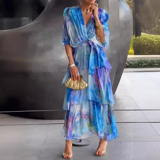 European And American Printing Layered Dress Women's Garments Apparel / Clothing