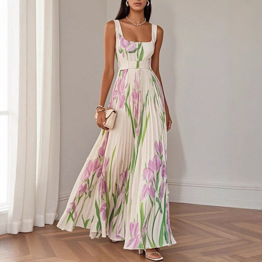 European And American Pleated Printing Dress Women's Garments Apparel / Clothing