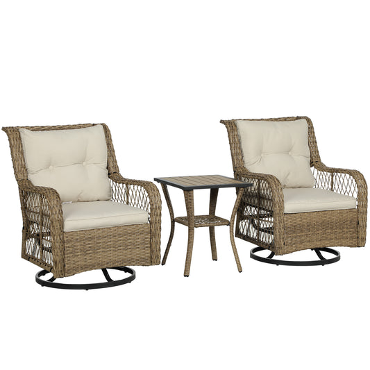 3 Piece Outdoor Bistro Set, Wicker Small Patio Furniture Set With Swivel Glider Chairs For Balcony, Porch, Beige Outdoor Garden Patio Furniture