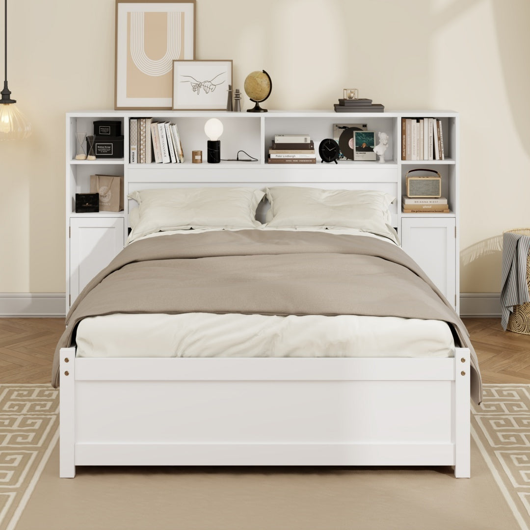 White Wooden Storage Bed With Tall Extended Bookcase Headboard, 6 Drawers And Charging Station For Teens Adults, No Box Spring Needed,Twin Furniture