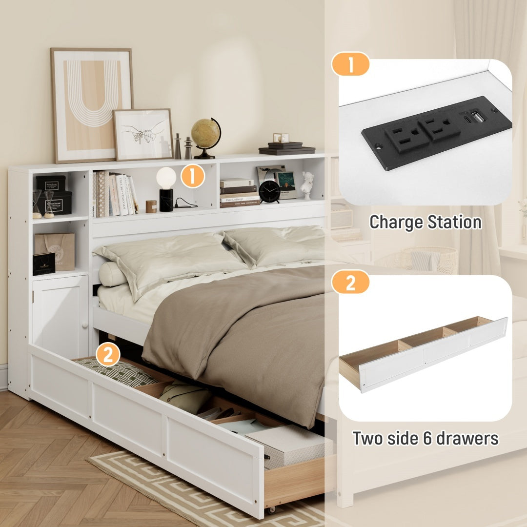 White Wooden Storage Bed With Tall Extended Bookcase Headboard, 6 Drawers And Charging Station For Teens Adults, No Box Spring Needed,Twin Furniture