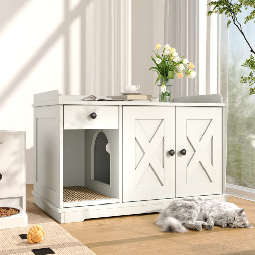 Bac à litière pour chat GO, meuble dissimulé avec tapis de litière, niche d'intérieur avec tiroir de rangement et table d'appoint, meuble de rangement style ferme pour salon, blanc