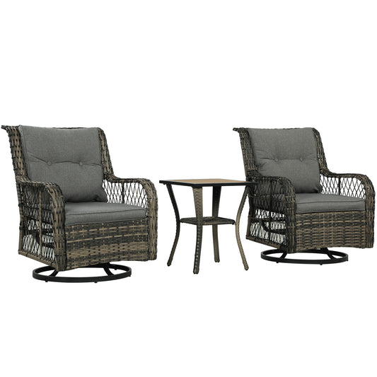 3 Piece Outdoor Bistro Set, Wicker Small Patio Set With Swivel Glider Chairs For Balcony, Porch, Gray Outdoor Garden Patio Furniture