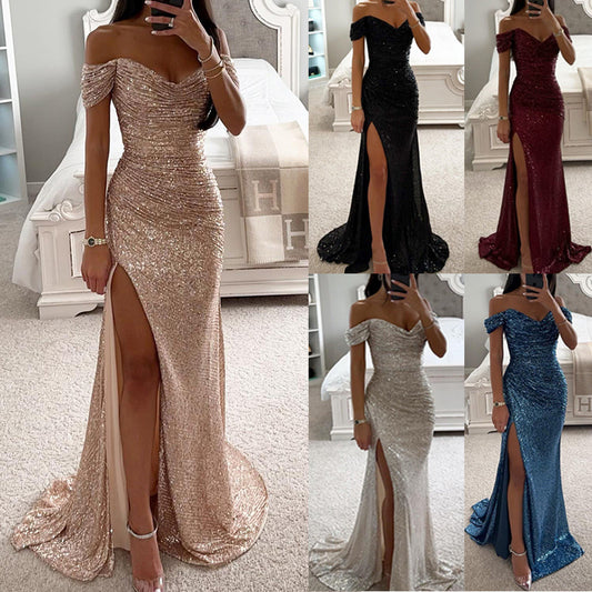 Party Sequins Off-neck Split Dress INS Casual Fashion Dress Women's Garments Apparel / Clothing
