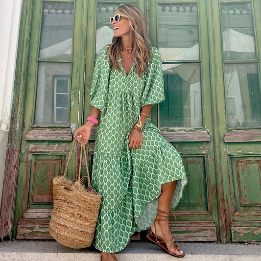 Summer Women's Vintage Printed Bohemian Dress Elegant Ladies Casual Loose V-Neck Short Sleeve Long Dresses Women's Garments Apparel / Clothing