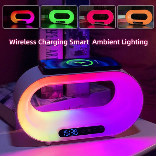 Veilleuse LED multifonction 3 en 1, contrôle par application, lampe de bureau d'ambiance RVB, chargeur sans fil multifonctionnel intelligent, réveil