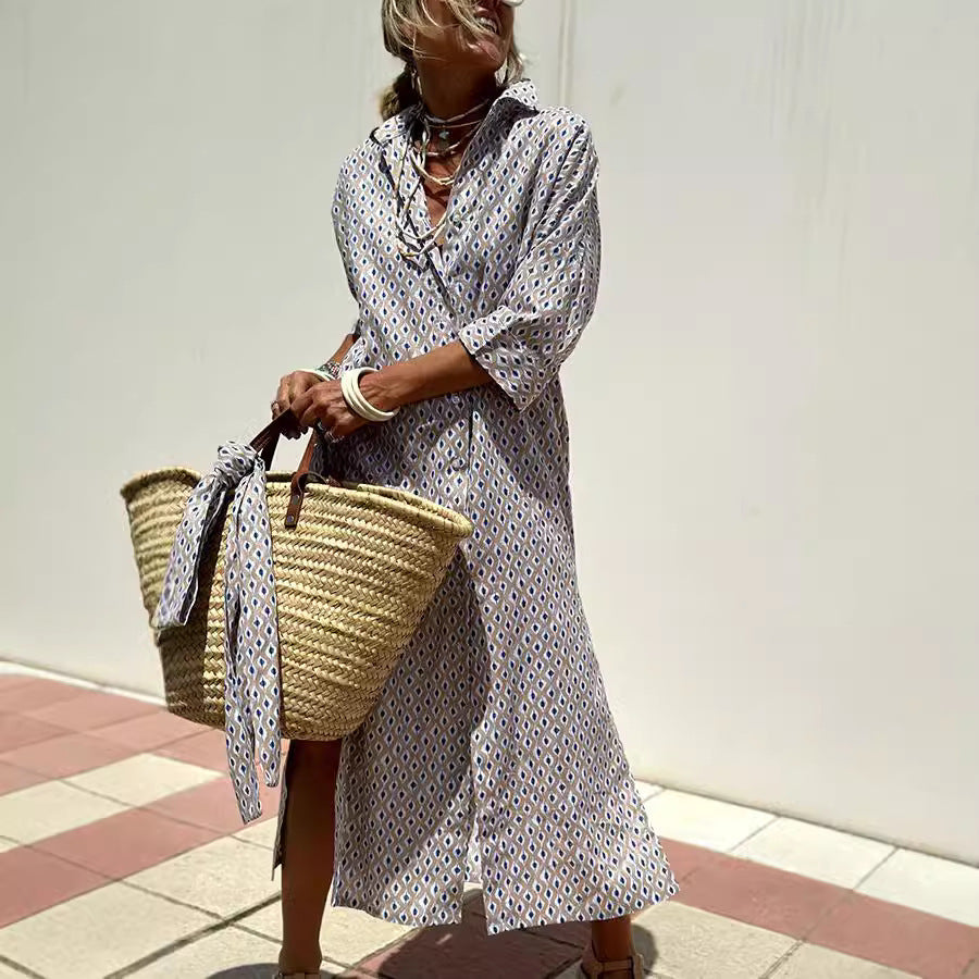 Striped Shirt Dress With Belt Fashion Half-sleeved Lapel Button Cardigan Dresses Women's Garments Apparel / Clothing